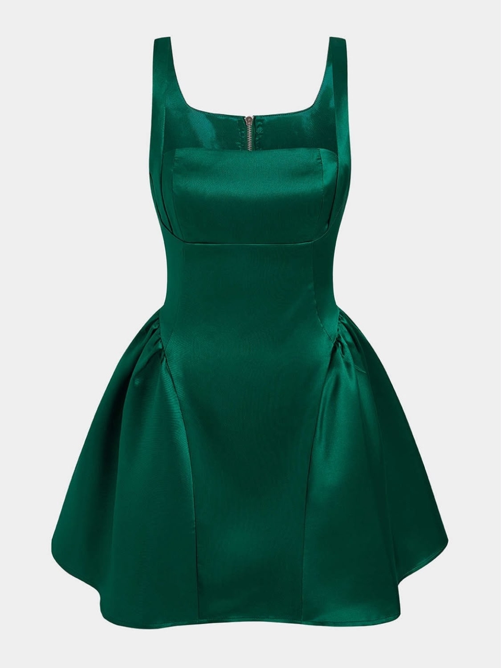 Women's Emerald Green Satin Mini Dress with Square Neck